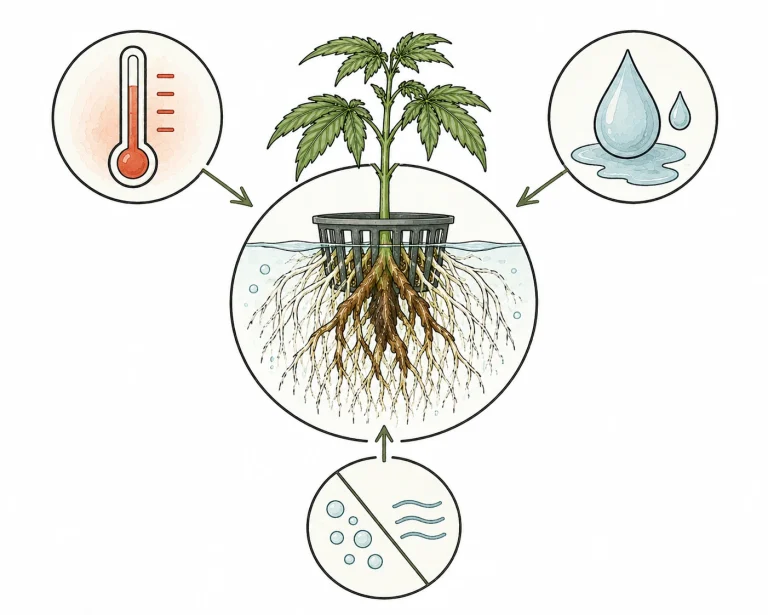 Infografik zu Ursachen von Pythium bei Cannabis: hohe Temperatur, Staunässe und schlechte Belüftung im Wurzelbereich