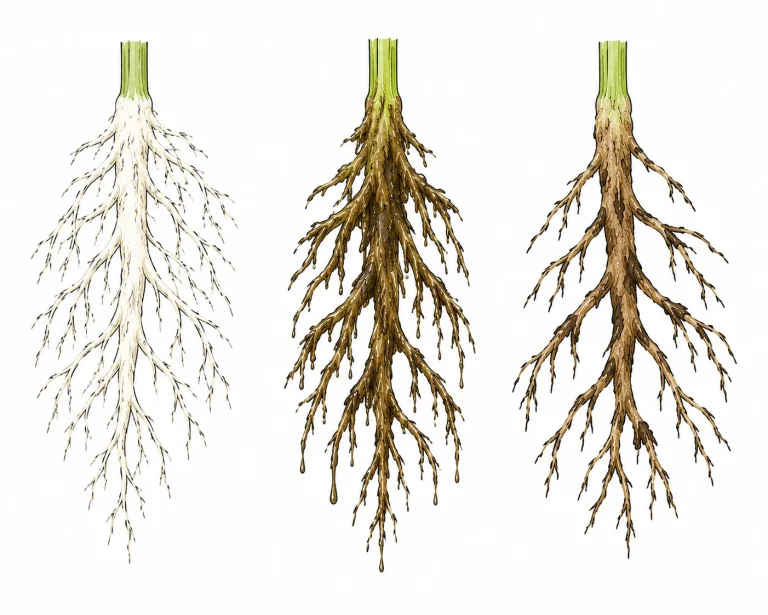 Vergleich von Cannabis-Wurzeln: gesund, mit Pythium-Befall und mit mechanischem Schaden