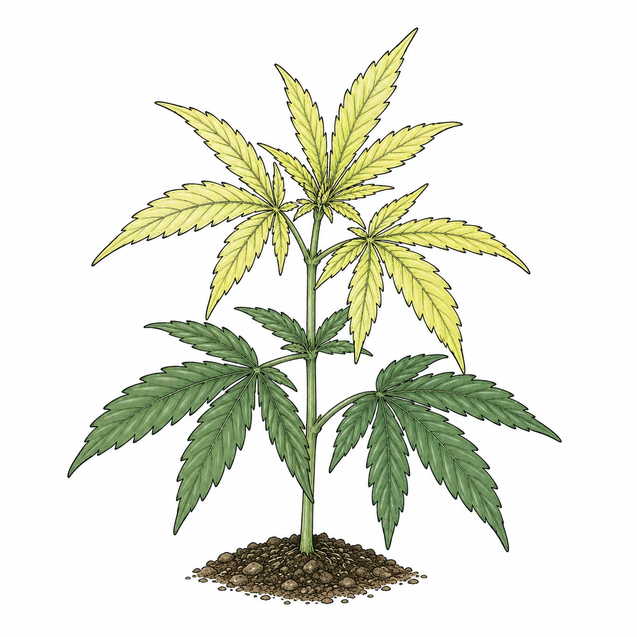 Cannabis sulfur deficiency — young leaves turning pale yellow