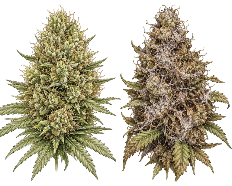 Comparison: healthy cannabis bud on the left, bud infected with botrytis on the right
