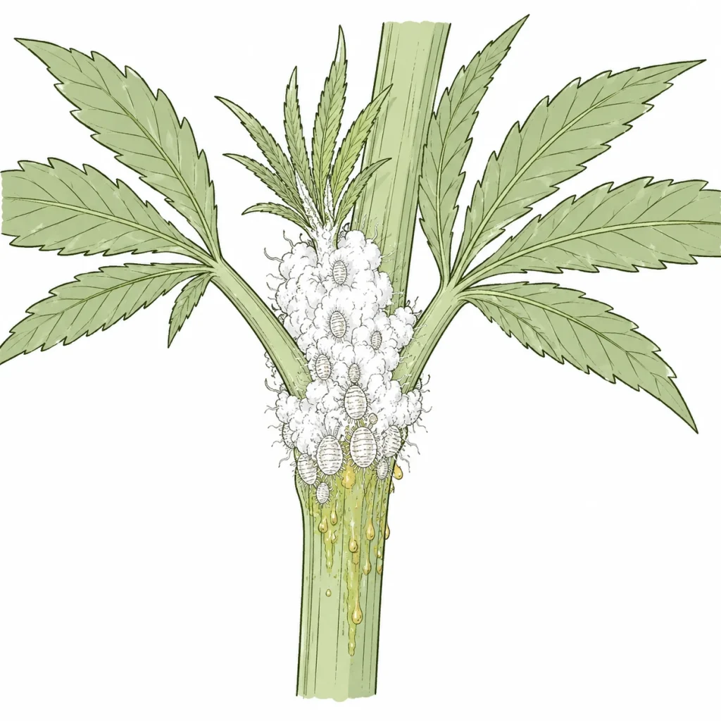 Wollläuse an Cannabis erkennen – weißer watteartiger Belag in der Blattachsel
