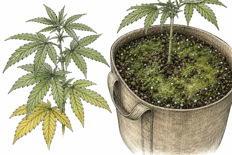 Algae on cannabis: cannabis plant with slight yellowing on the lower leaves