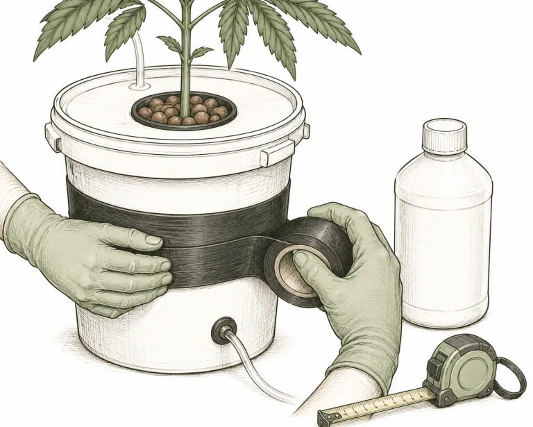 Algae on cannabis: clean white DWC bucket being sealed with black electrical tape