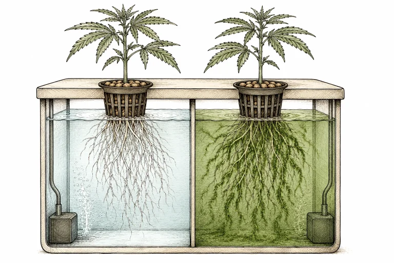 Cannabis algae: side-by-side comparison, left: clear water in a DWC system