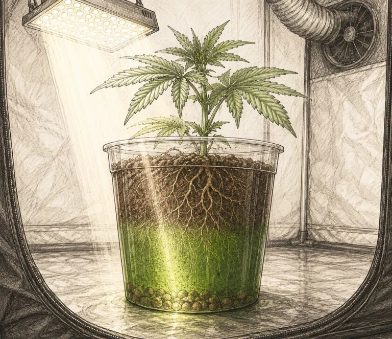 Algae on cannabis: grow tent with light visibly hitting the growing medium through a clear pot with no light protection