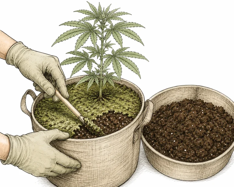 Algae on cannabis: grower wearing gloves scrapes off the green, algae-covered top layer of medium with a wooden stick