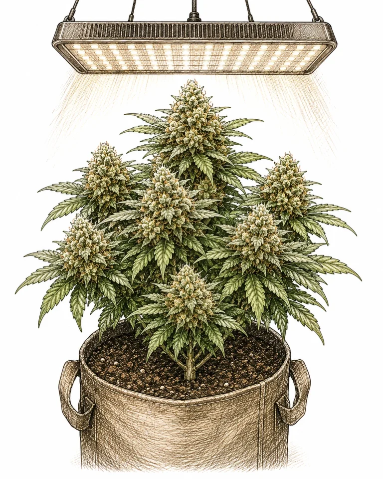 Compact autoflower in the flowering stage under an LED grow light