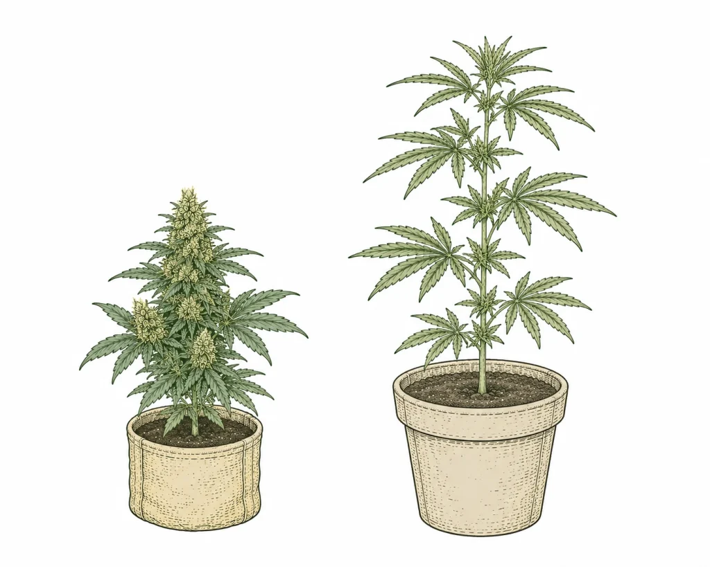 Autoflower vs feminized: compact autoflowering cannabis plant next to a taller feminized plant under LED grow light