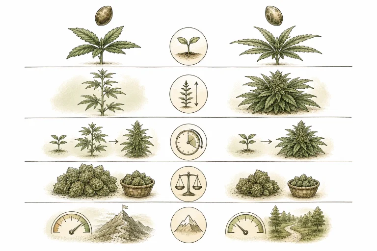 Autoflower vs. feminized comparison infographic: growth and yield