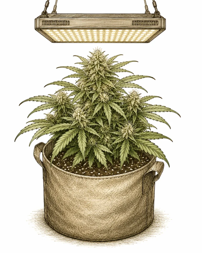 Compact autoflower flowering indoors under LED in a pot