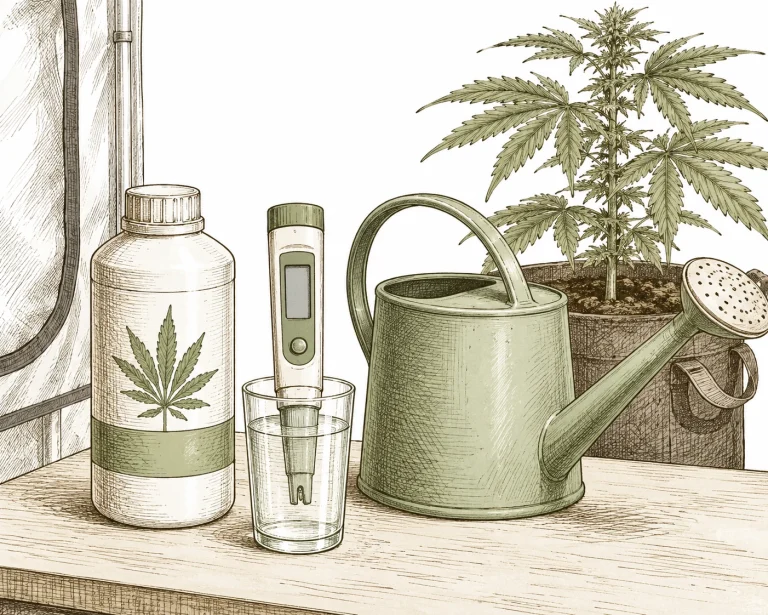 Bottle of Cal-Mag nutrient next to a pH meter and a watering can on a grow table