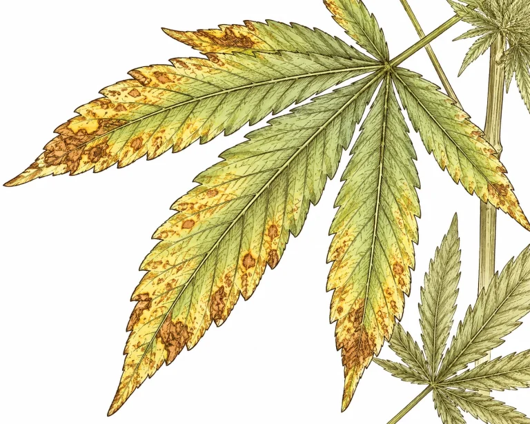 Cal-Mag deficiency: close-up of cannabis leaves with rusty brown interveinal spots