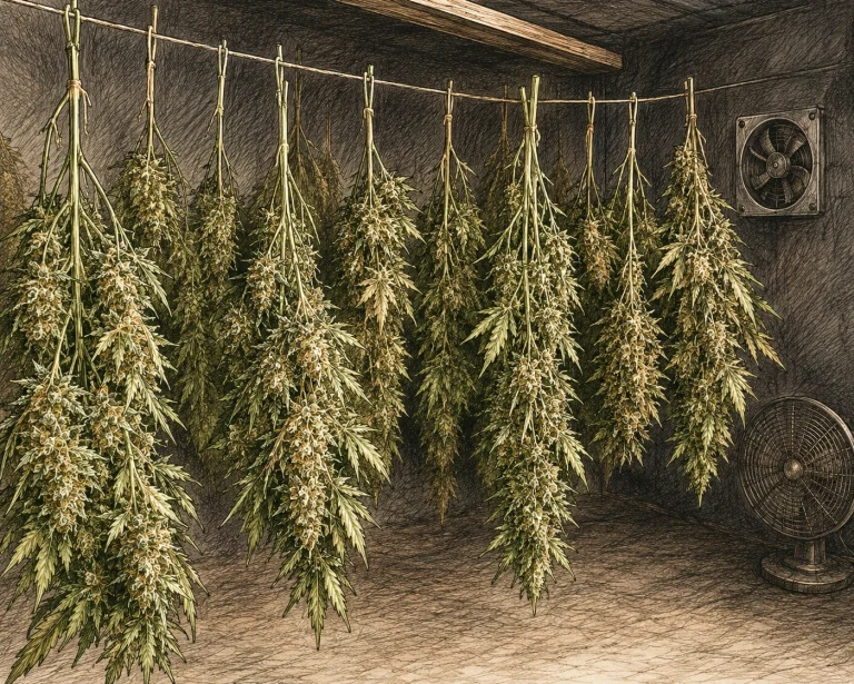Cannabis Äste kopfüber im Trockenraum aufgehängt
