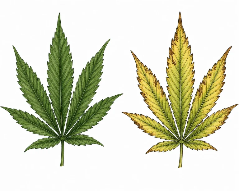 Healthy cannabis leaf compared with nutrient deficiency symptoms
