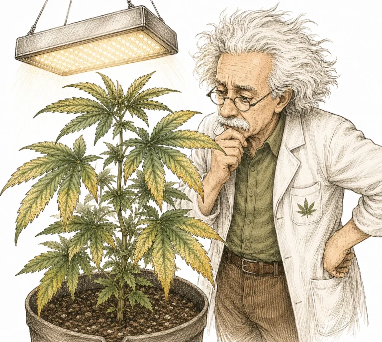 Cannabis leaf showing deficiency symptoms, worried grower