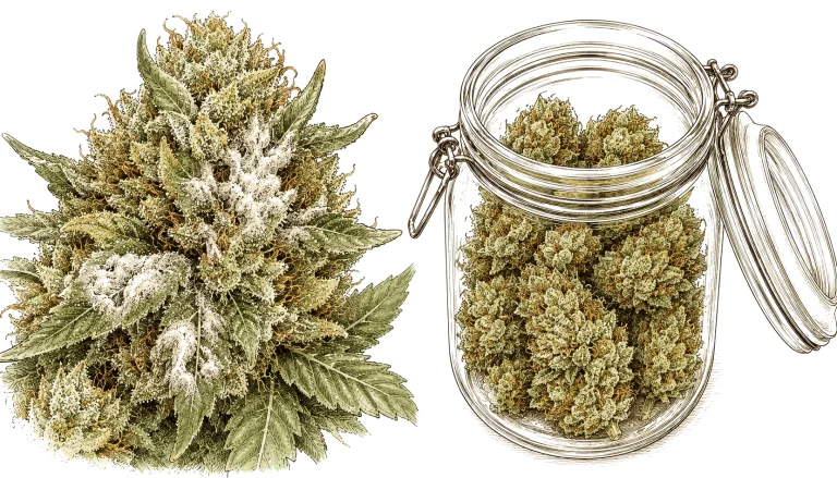 Moldy cannabis bud compared to healthy buds