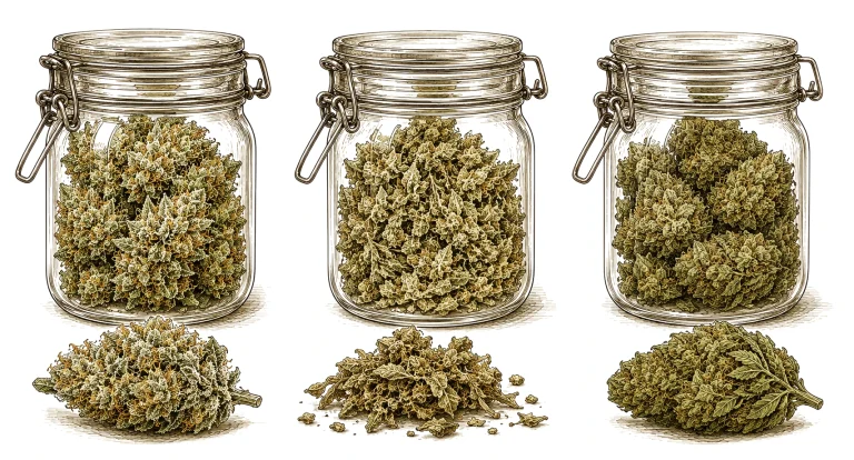 Cannabis curing jars compared: ideal, too dry and too moist