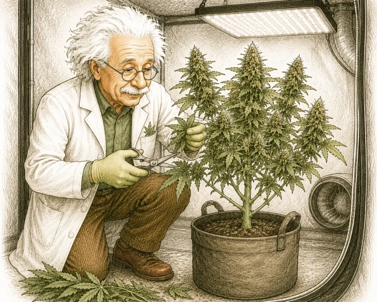 Cannabis Defoliation Bild 3 — Auch während der Blüte kann gezielt defoliiert werden, am besten mit sterilisierter Schere und Handschuhen