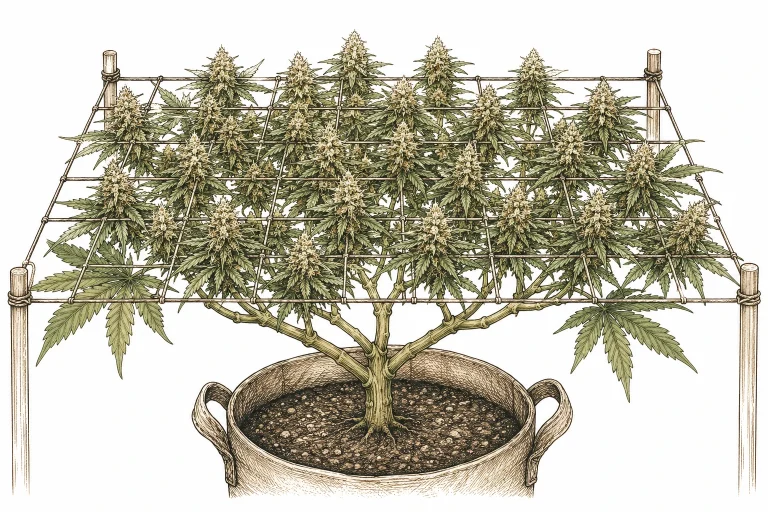 Cannabis Defoliation Bild 5 — Kombiniert mit LST sorgt Defoliation im SCRoG-Netz für eine besonders gleichmäßig belichtete Blütenzone