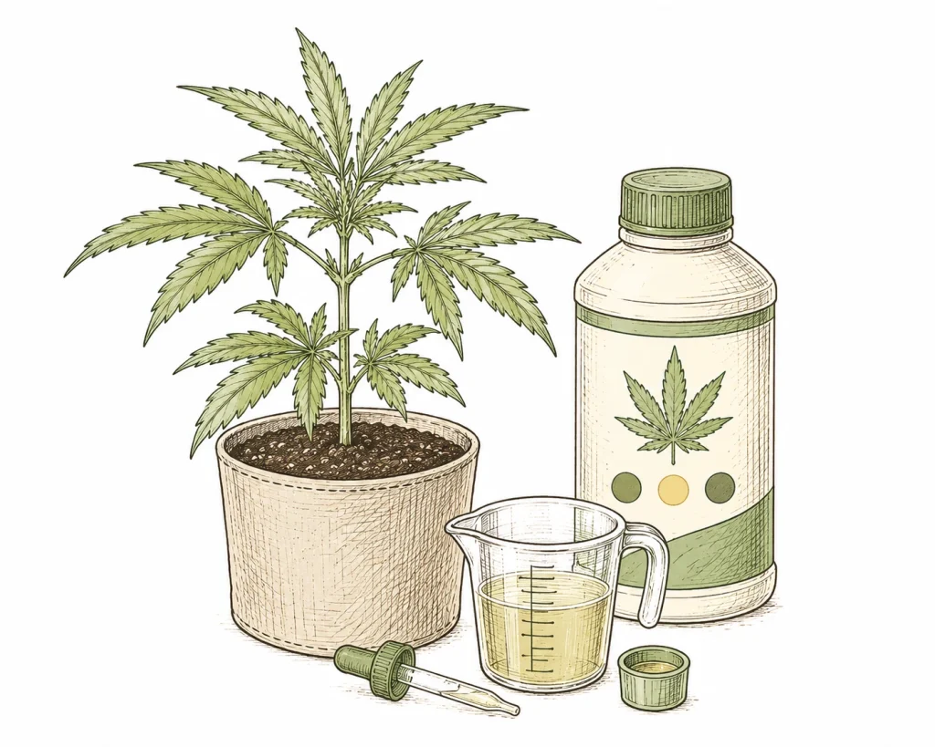 How much to feed cannabis: nutrient label with NPK ratio and a measuring cup for dosing