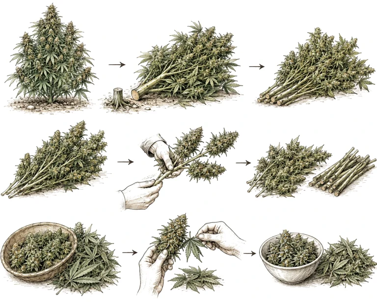 Cannabis Ernte Schritte Äste trennen Blätter entfernen