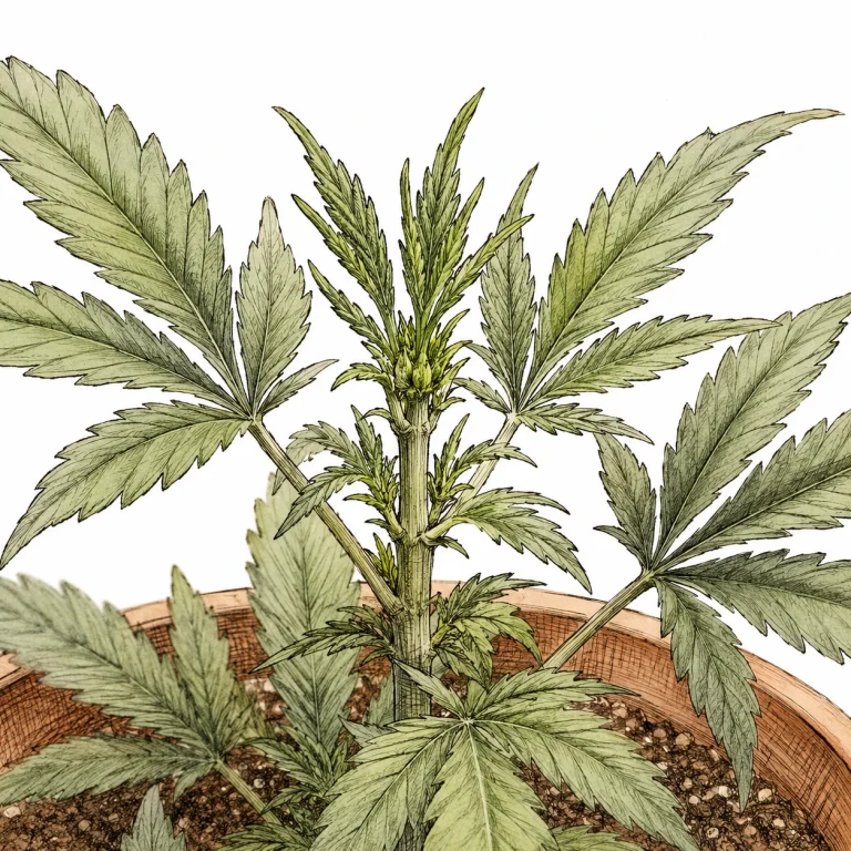 Fimming bei Cannabis, Bild 1 — Vor dem FIM-Schnitt: die junge Wachstumsspitze mit ihren zarten Blättchen, gut erkennbar vor gesundem Blattwerk
