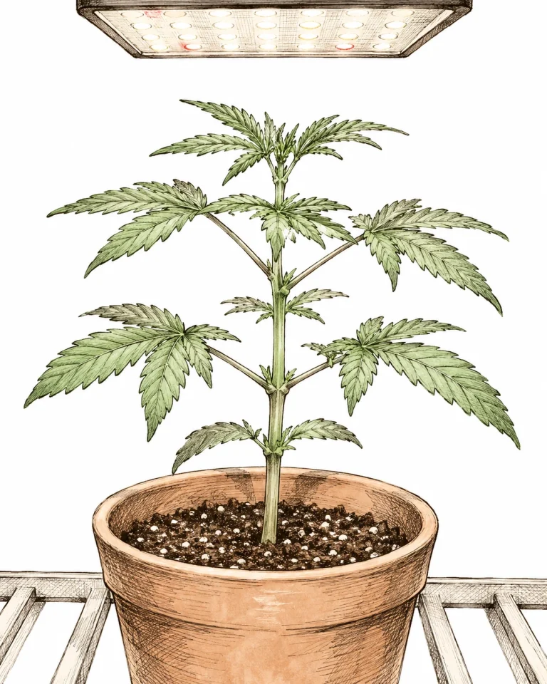 Fimming bei Cannabis, Bild 2 — Der ideale Zeitpunkt für FIMing ist erreicht, sobald die Pflanze vier bis fünf Knotenpaare ausgebildet hat