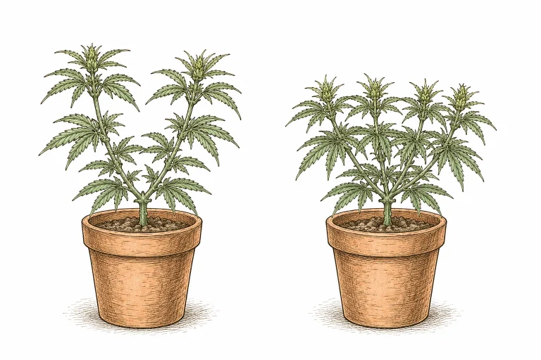 Fimming bei Cannabis, Bild 4 — Der Unterschied zum Topping: FIMing hinterlässt vier statt zwei neue Triebe, da nur ein Teil des Gewebes entfernt wird