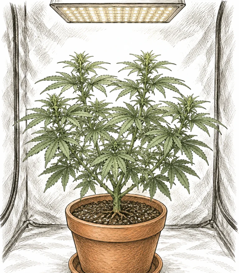 Fimming bei Cannabis, Bild 5 — Mehrere Wochen nach dem FIM-Schnitt haben sich vier gleichmäßig starke Haupttriebe entwickelt