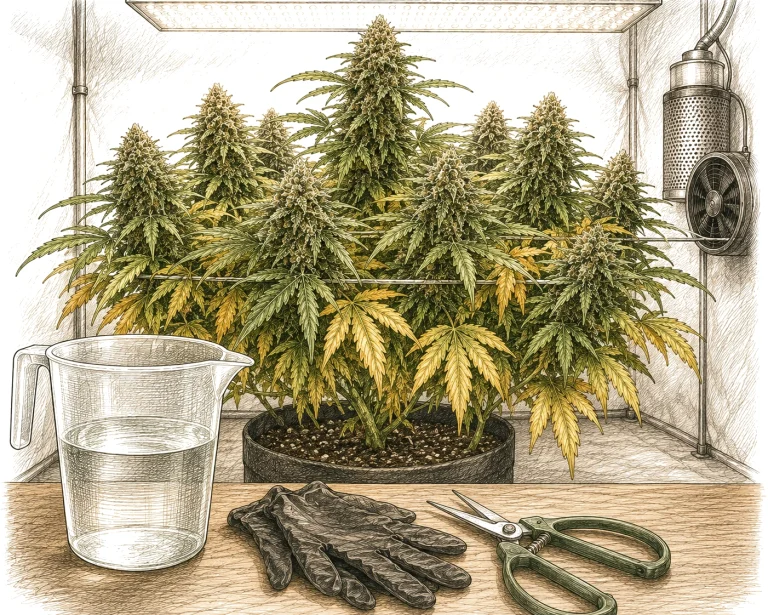 Cannabis Growroom Erntevorbereitung Schere Handschuhe