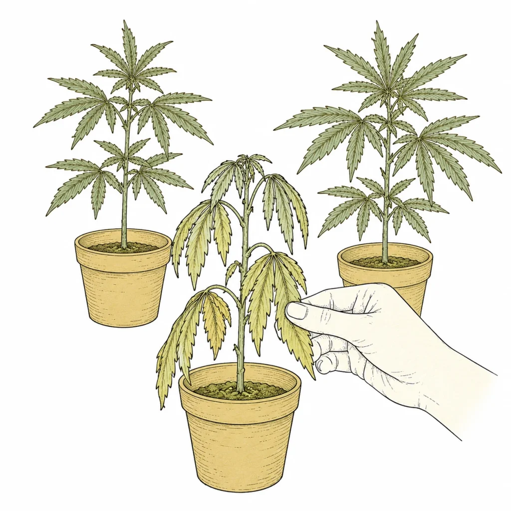 Cannabis leaves drooping: plant with limp, dark green leaves as a sign of overwatering