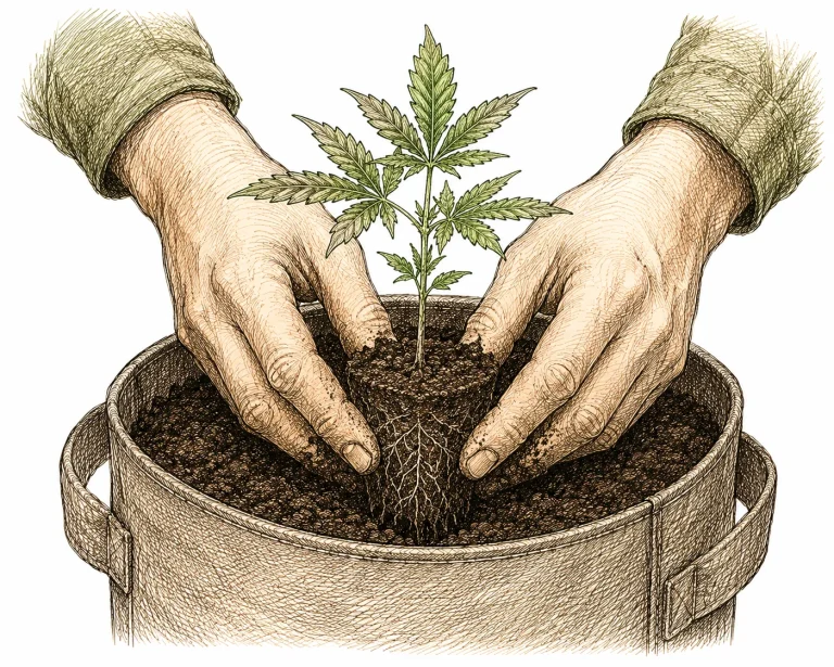 Planting a young cannabis plant in growing medium