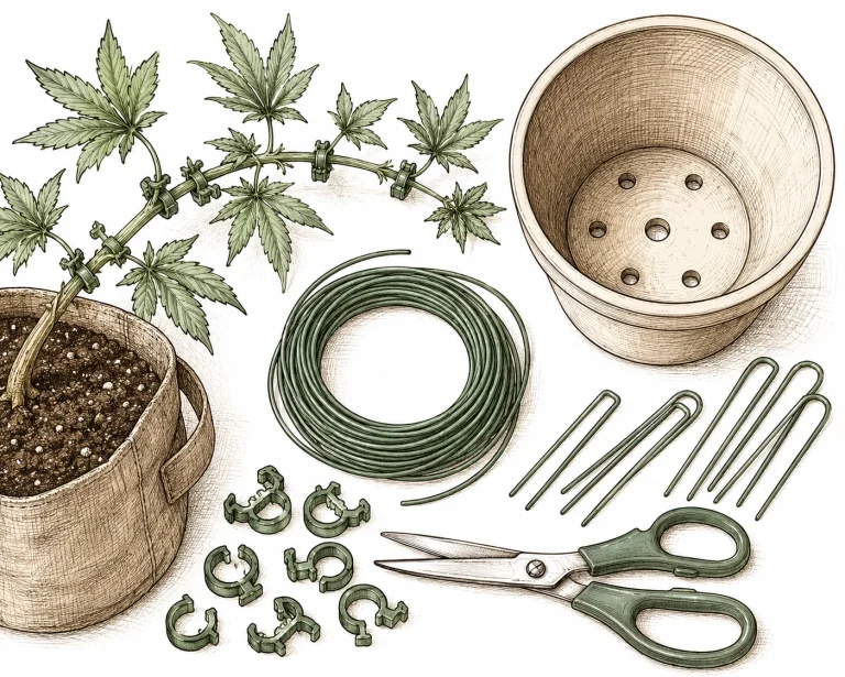 Cannabis LST Bild 2 — Das Grundmaterial für LST: weiche Gartendrähte, Drahtbügel, Pflanzenclips und ein Topf mit Löchern am Rand zum Fixieren der Äste
