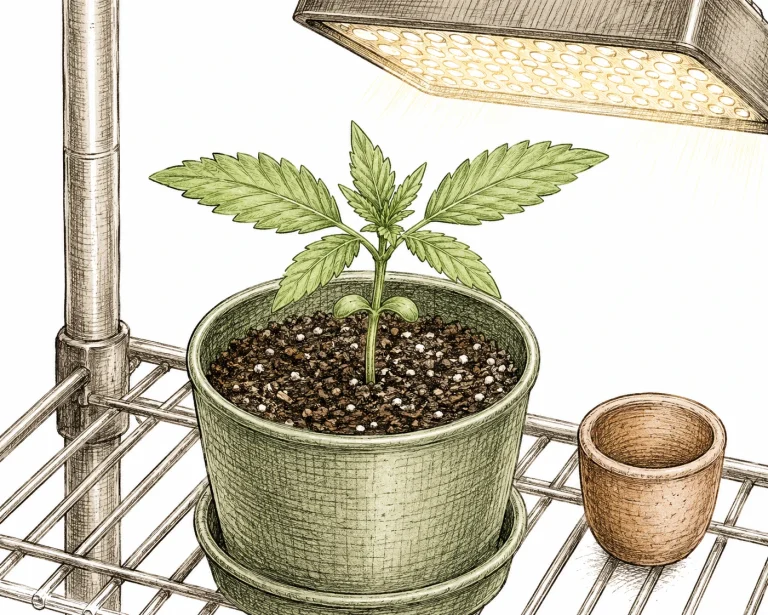 Cannabis LST Bild 3 — Ab der dritten Woche, sobald das dritte Blattpaar sichtbar ist, ist die Pflanze stabil genug für die ersten LST-Biegungen