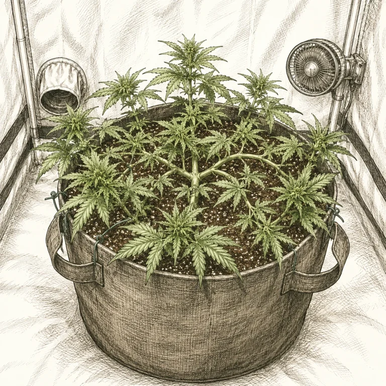 Cannabis LST Bild 5 — Auch Autoflowering-Pflanzen profitieren von LST: Durch das Biegen der Äste entsteht trotz kurzer Wachstumsphase eine gleichmäßige Lichtebene