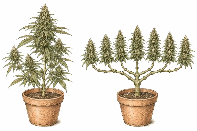 Cannabis mainlining image 1: without training, one cola dominates growth (left)
