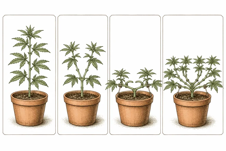 Cannabis mainlining image 3 — The mainlining process in four steps: before the first topping, after the first topping, after LST bending, and the finished eight-branch structure just before flowering