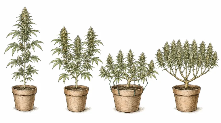 Cannabis mainlining image 5 — Side by side, natural growth, topping, LST and mainlining differ clearly in cola count and canopy evenness