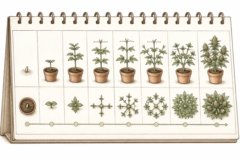 Cannabis mainlining image 6 — The timeline from germination through several topping rounds to the start of flowering gives you a rough guide for planning