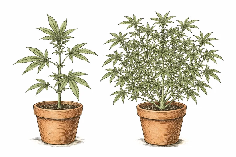 Cannabis Monster Cropping Image 3 — A regular vegetative clone grows with just a few branches (left), while a monster-cropped clone turns out extremely bushy with tons of branching (right)