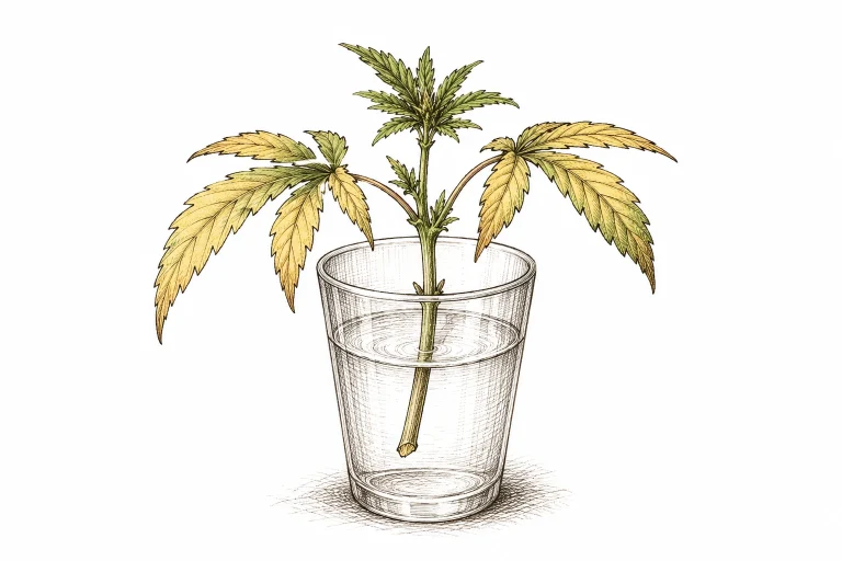 Cannabis Monster Cropping Image 5 — Yellowing leaves and no root development are typical signs that a monster-cropped clone isn’t taking