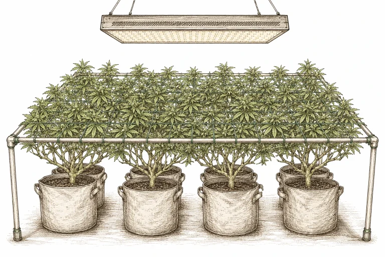 Cannabis monster cropping image 6 — Several monster cropping clones can also be woven through a SCROG trellis net for even light distribution