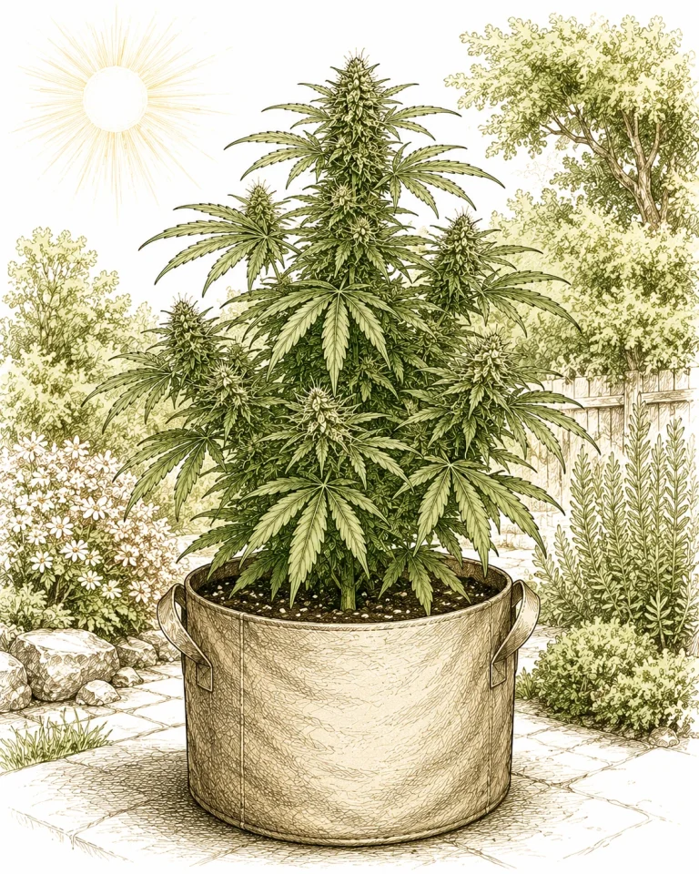 Outdoor cannabis growing in a sunny garden in a large pot