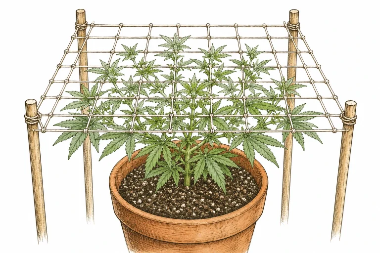 Cannabis SCROG image 4 — The net goes up shortly after topping so the first side shoots can be woven in right away