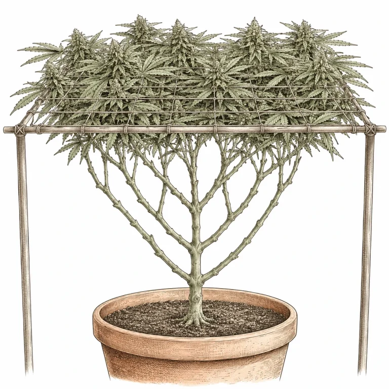 Cannabis SCROG image 6 — After lollipopping, the lower zone is clear of leaves and popcorn buds, while a dense leaf canopy forms up top in the net