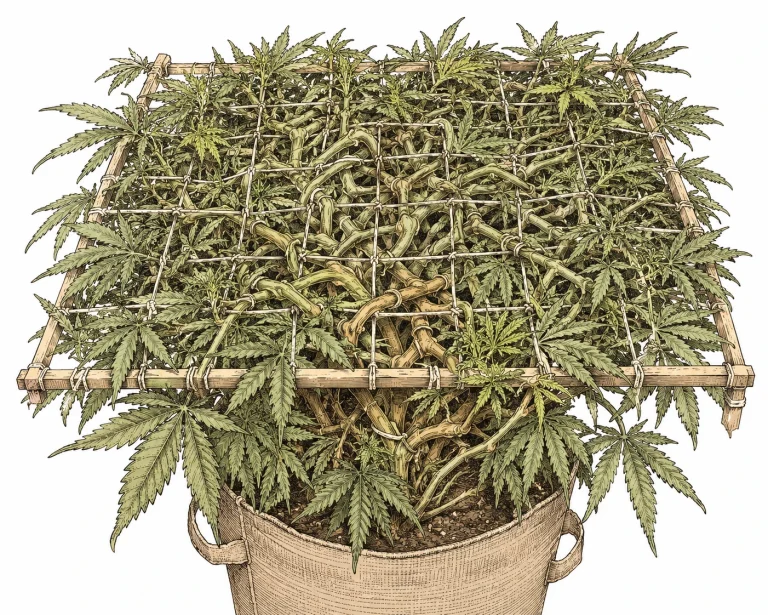 Cannabis SCROG image 7 — An overgrown net with tangled shoots restricts airflow