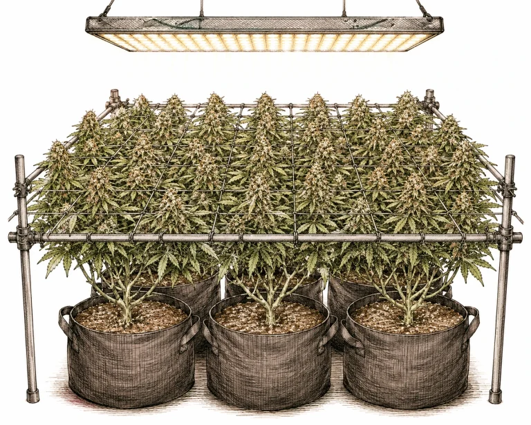 Cannabis SCROG image 8 — Right before harvest, SCROG shows its strength: dense colas at an even height, fully covered by the light