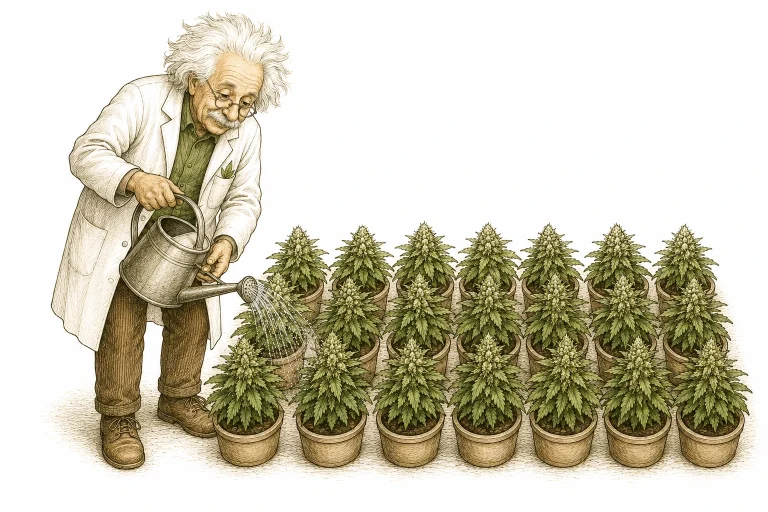 Cannabis Sea of Green Bild 5 — In einem dichten SoG-Setup ist gleichmäßiges Gießen wichtig, da die Töpfe nah beieinanderstehen