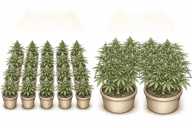 Cannabis Sea of Green Bild 7 — Vergleich SoG (viele kleine Pflanzen) und SCRoG (wenige große Pflanzen unter Netz)