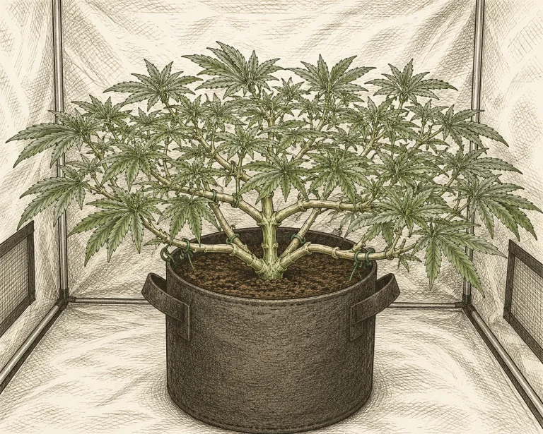 Cannabis supercropping image 4 — Several bent branches create a wide, flat canopy with even light coverage
